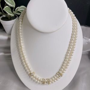 Vintage Double Strand Faux Pearl Rhinestone Necklace